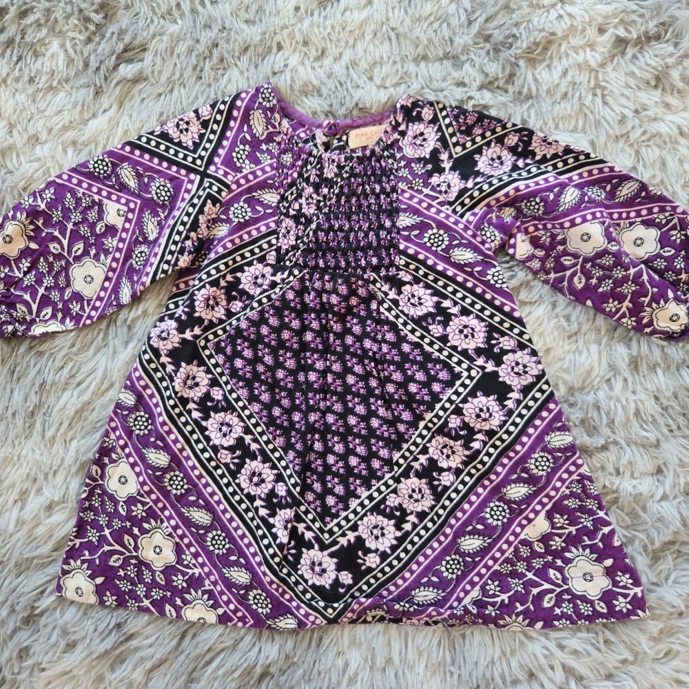 Pink Chicken New York Girls‎ Purple Floral Block Print Smocked Dress 6-12 months